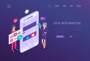 Illustration of social media marketing on a smartphone screen showing engagement icons and content promotion for social media growth.